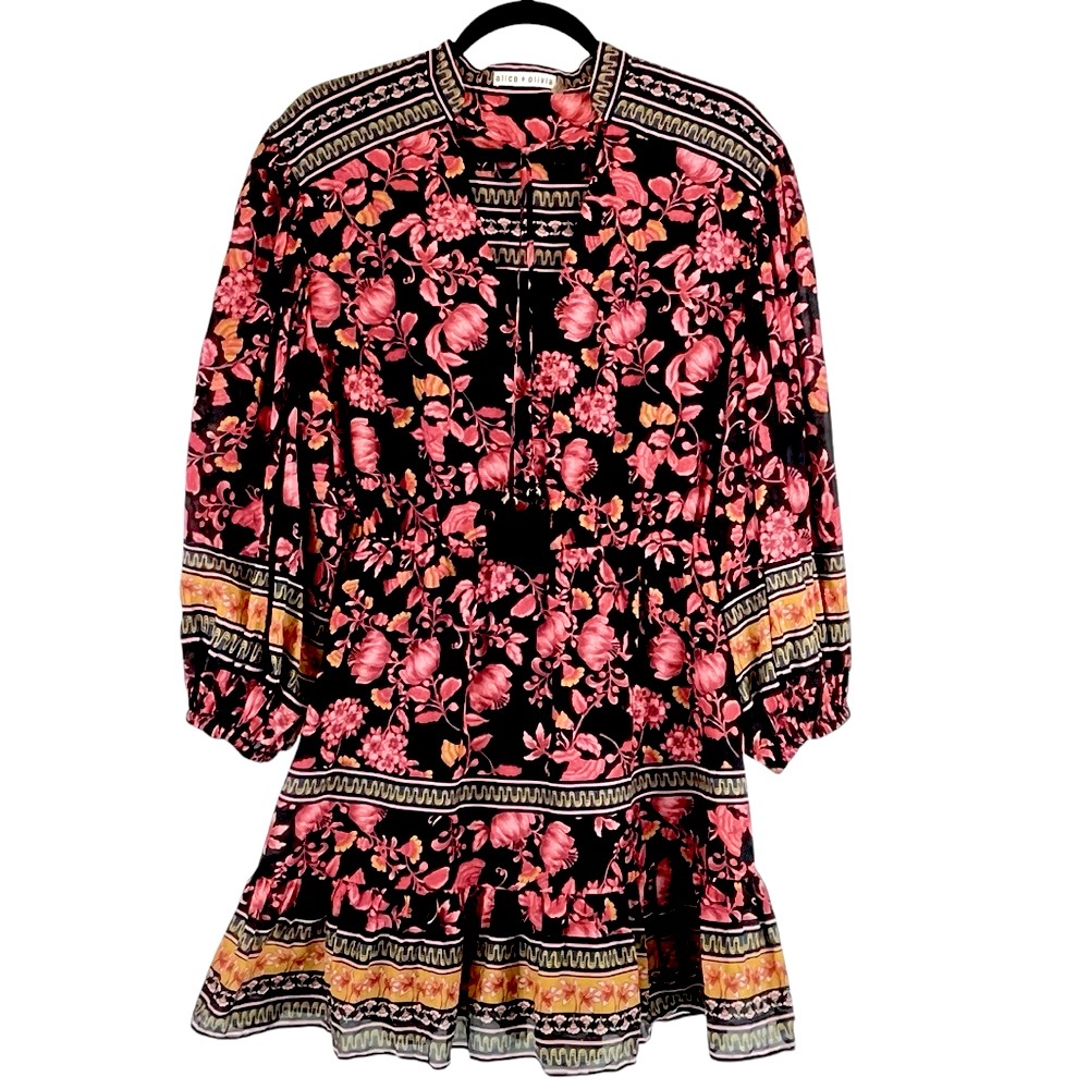 Alice + Olivia Black Floral Mini Dress with Pink and Gold Border - Picture 5 of 16
